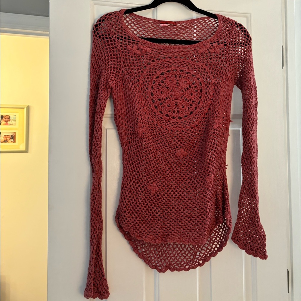 Vintage 90s crochet long sleeve top - dark mauve pink